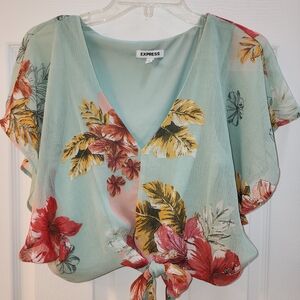 Express Mint Floral Blouse with Tie-Front